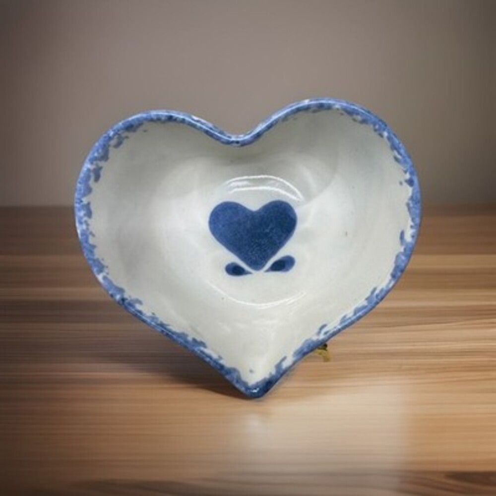 Blue and white 90s sponge art heart shaped ceramic dish, For Display, Key Dish
